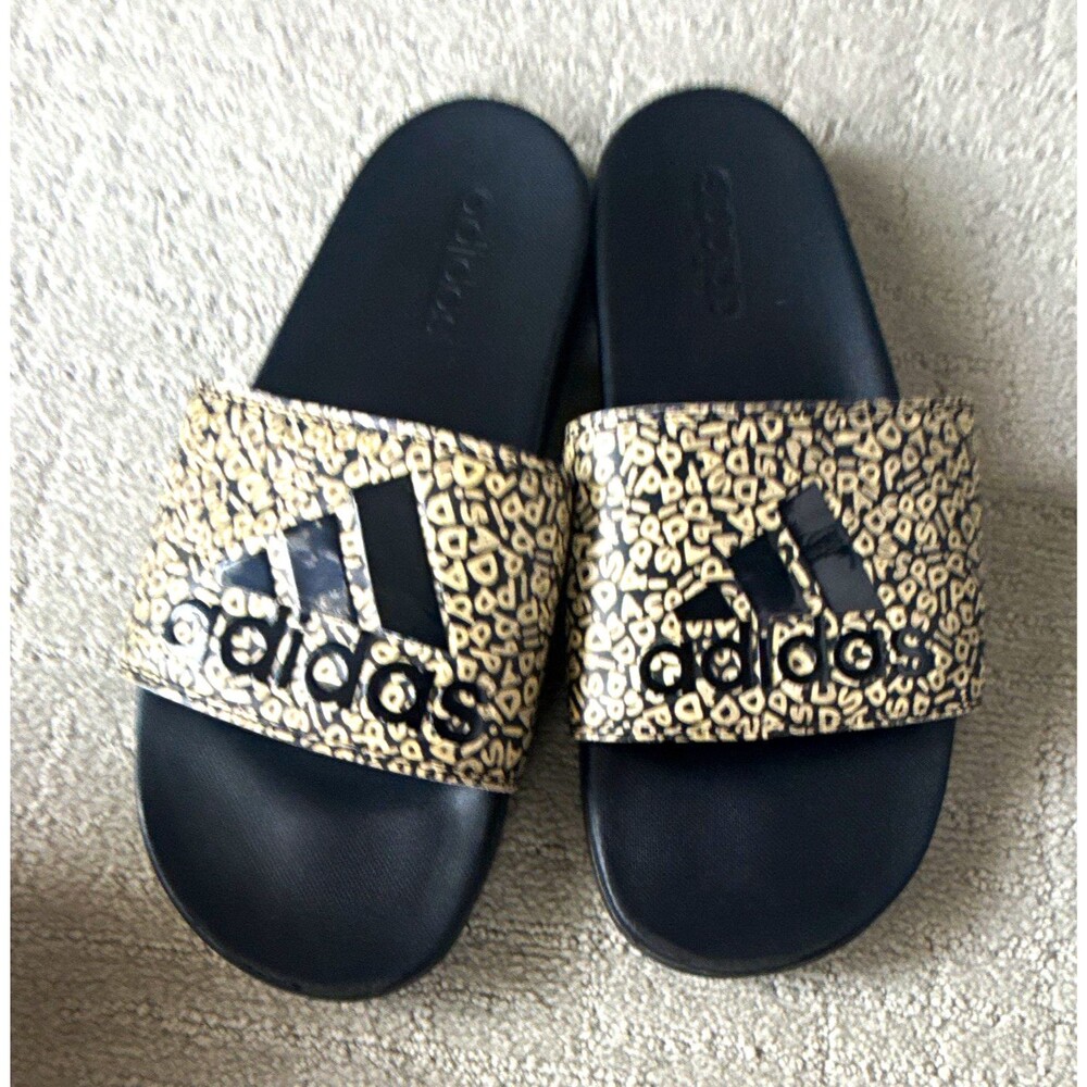 adidas Adilette Slide Sandals Black/Beige Animal Print Logo US 10 EU 43